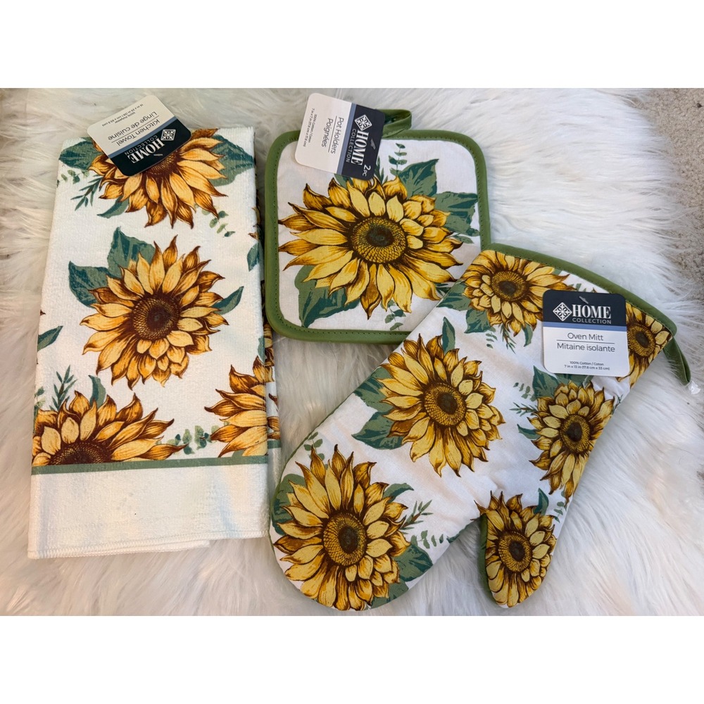 Home Collection Sunflower Kitchen Set 4pc Towel Pot Holders Oven Mitt NWT